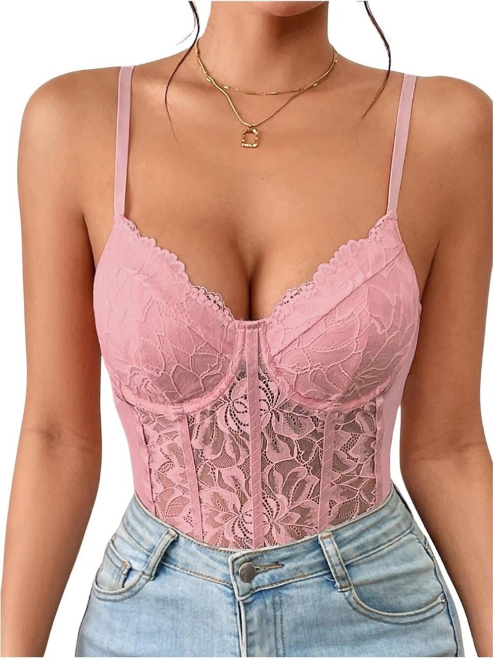 Women's Pink Underwire Sheer Mesh Bustier Spaghetti Bodysuit Lace Corset Top